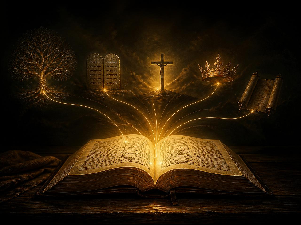 Biblia abierta con conexiones doradas entre versículos
