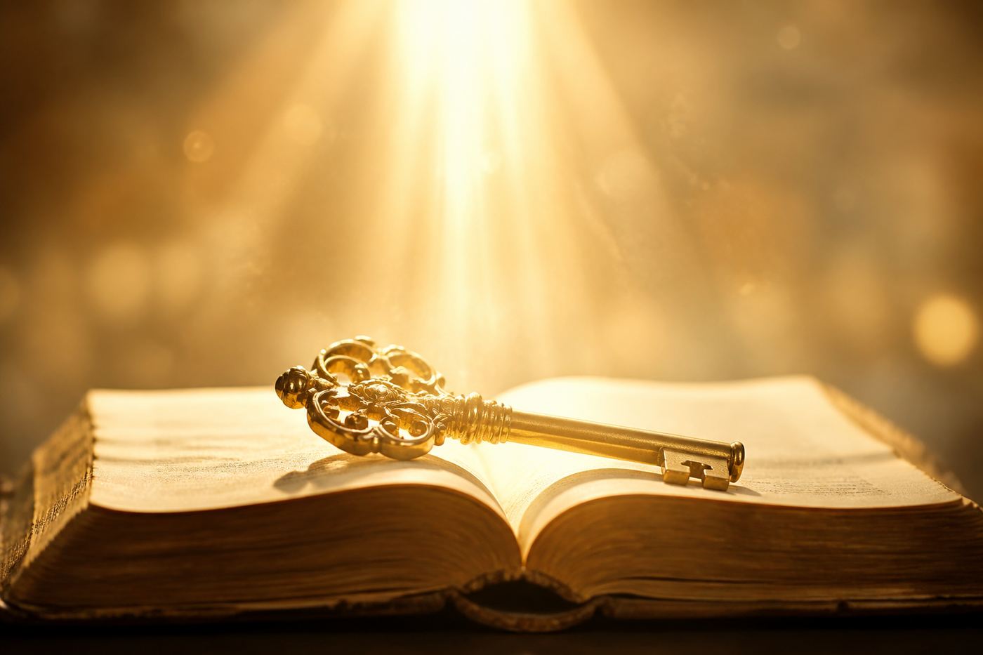 Biblia abierta con llave dorada antigua y luz cayendo desde lo alto